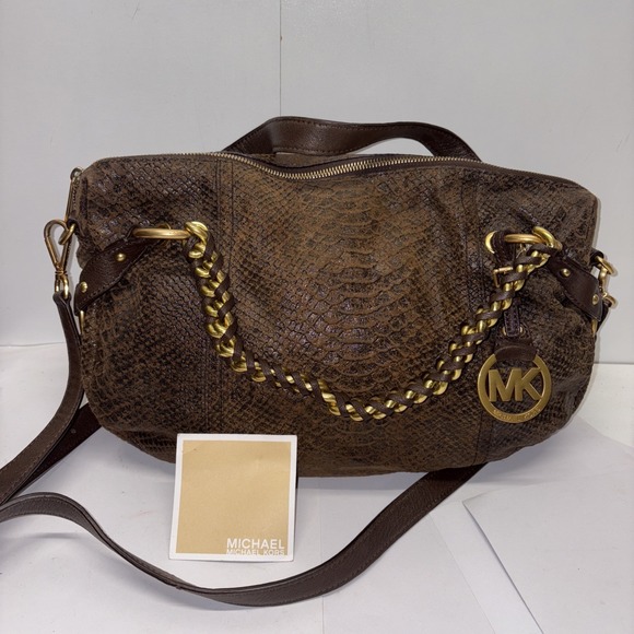 Michael Kors Tristan Mocha Suede Leather Snakeskin Goldplated Chain Shoulder Bag - Picture 1 of 11